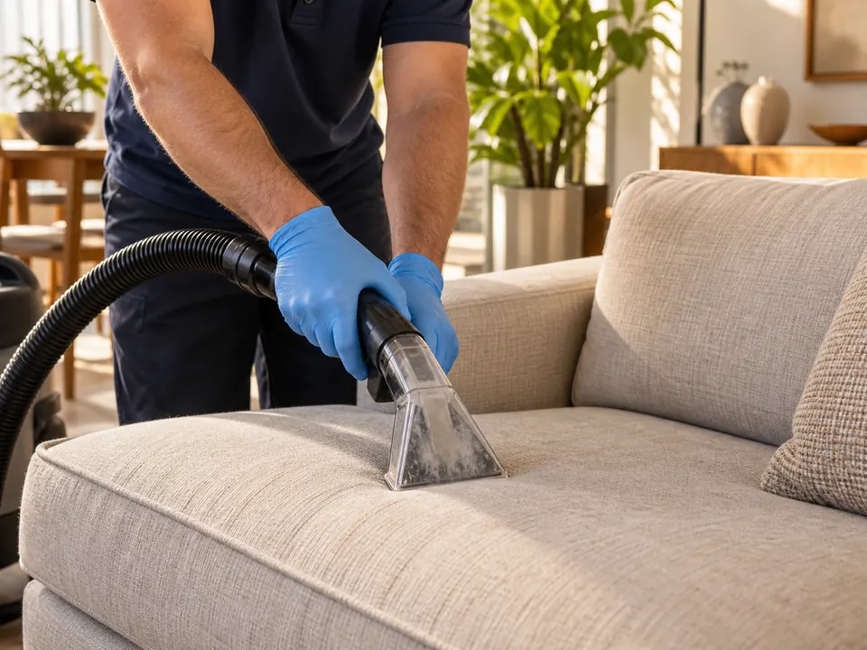 Profissional com luvas azuis fazendo a extração de sujeira de um sofá com equipamento de higienização